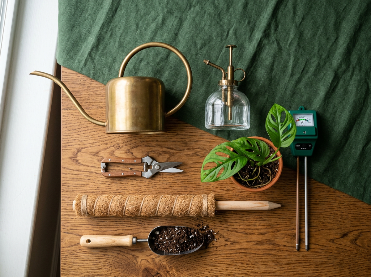Houseplant care tools including watering can, mister and moss pole