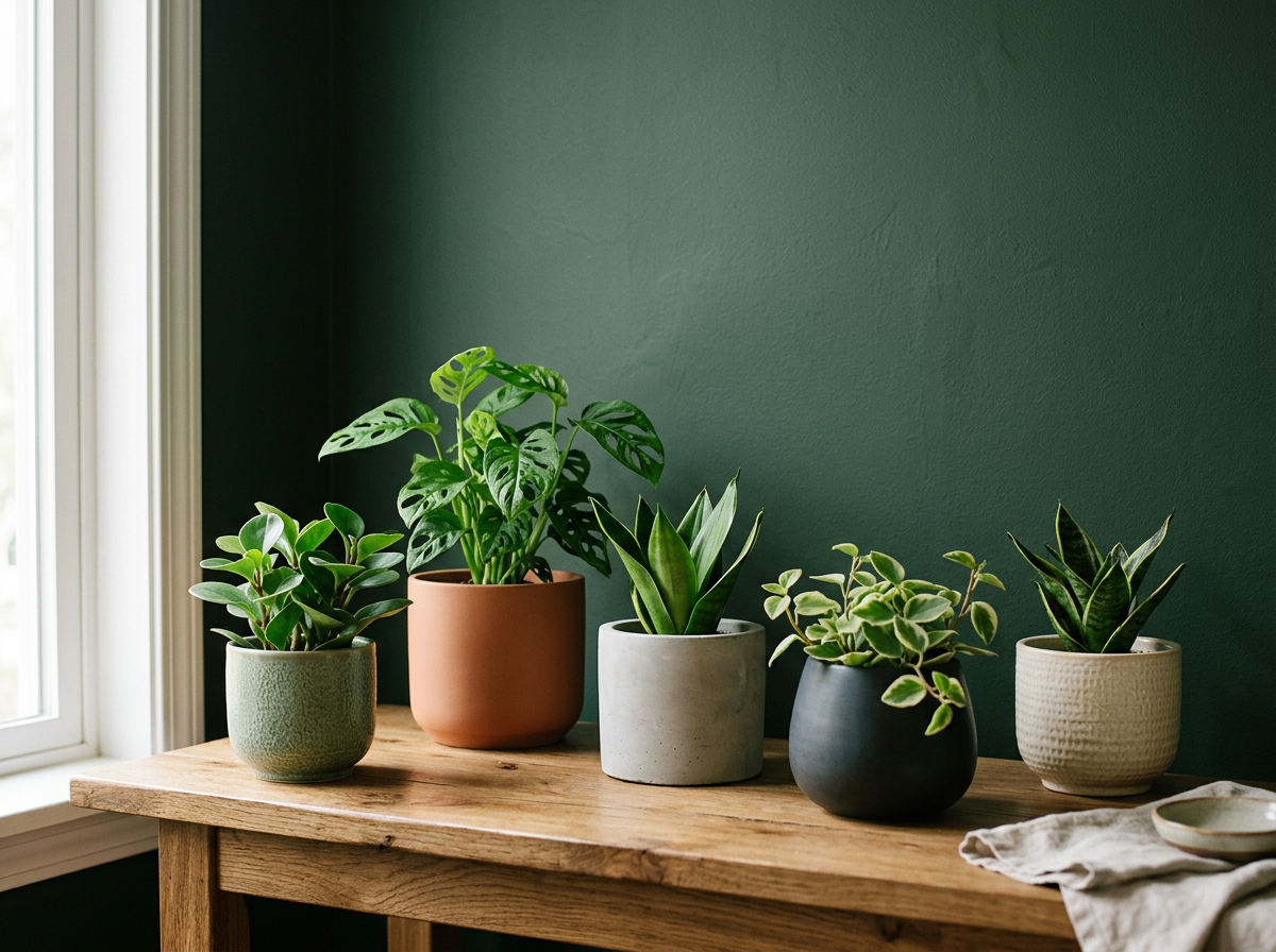 Group of ceramic and cement planters with houseplants