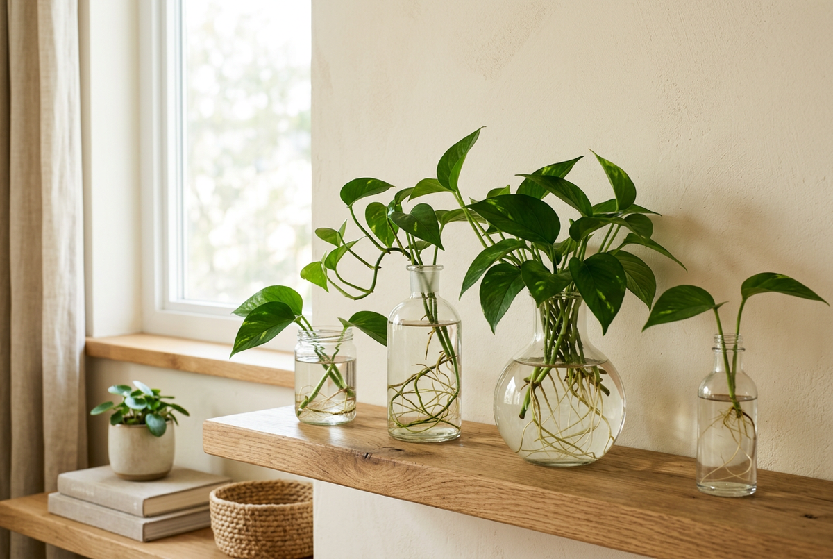 Pothos cuttings rooting in glass vases on a wooden shelf