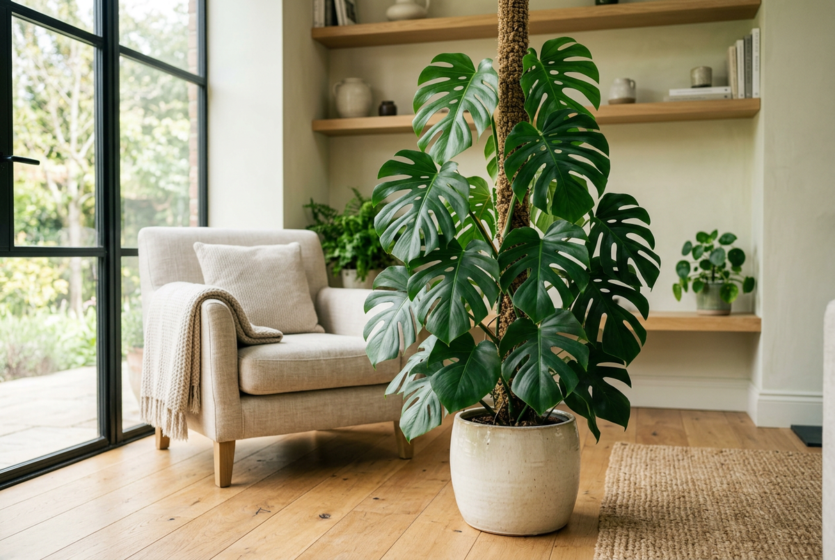 Monstera climbing a moss pole in a ceramic planter