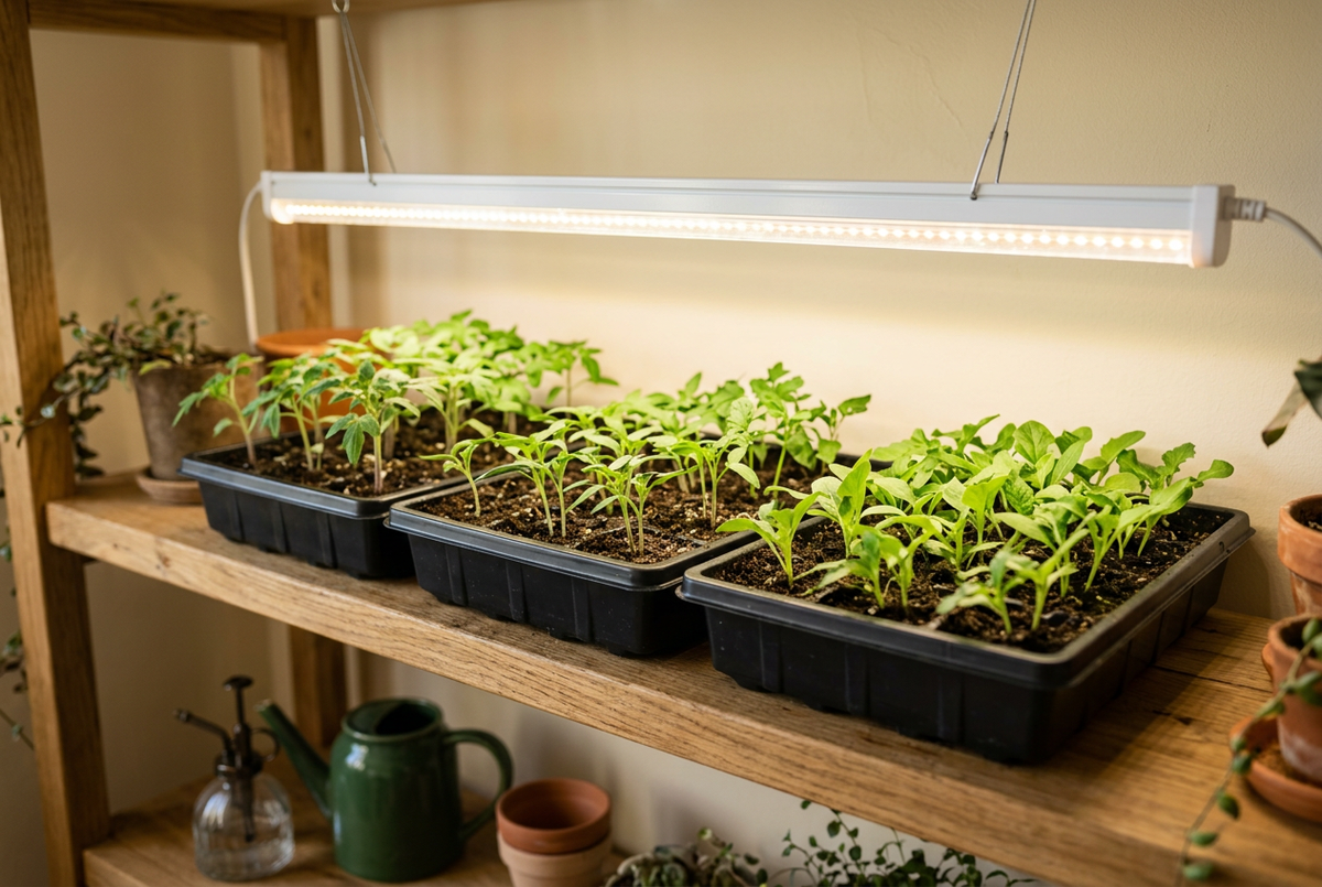 Seedlings growing under a white LED grow light