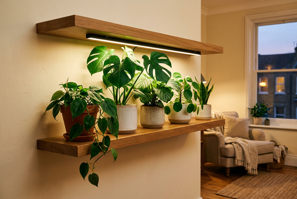 LED grow light under a wooden shelf lighting houseplants