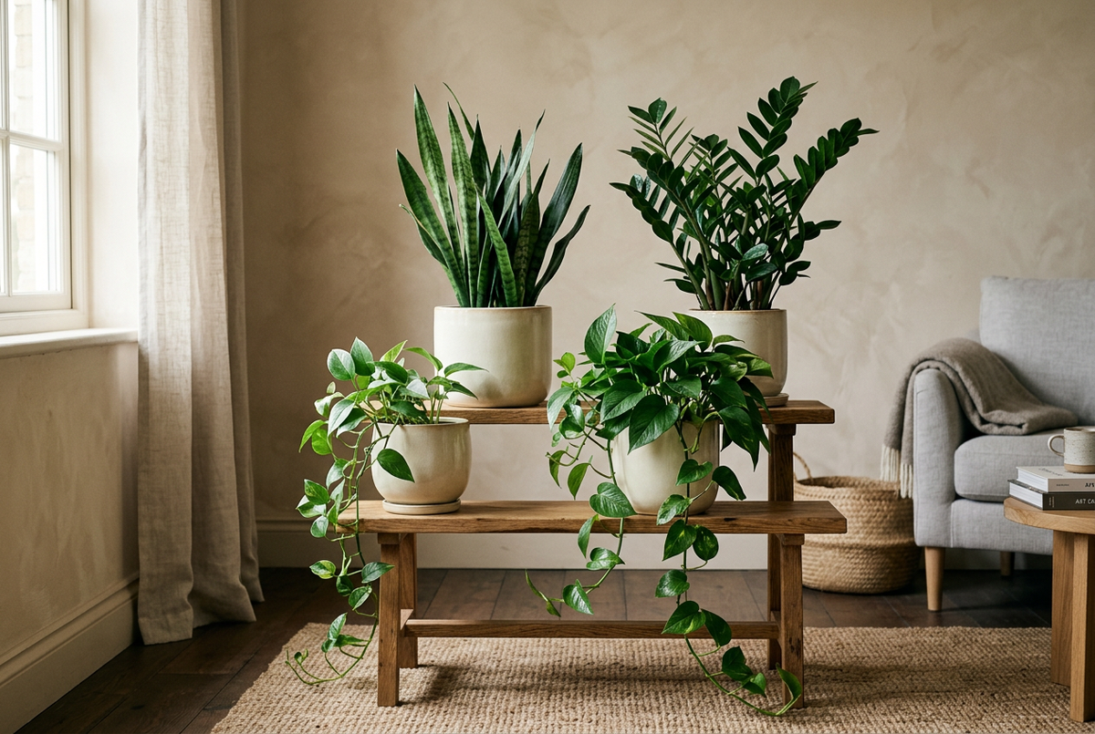 Low light houseplants in ceramic planters in a dim room corner