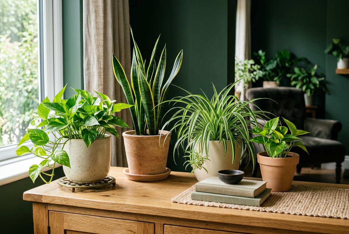 Easy beginner houseplants arranged on a wooden sideboard