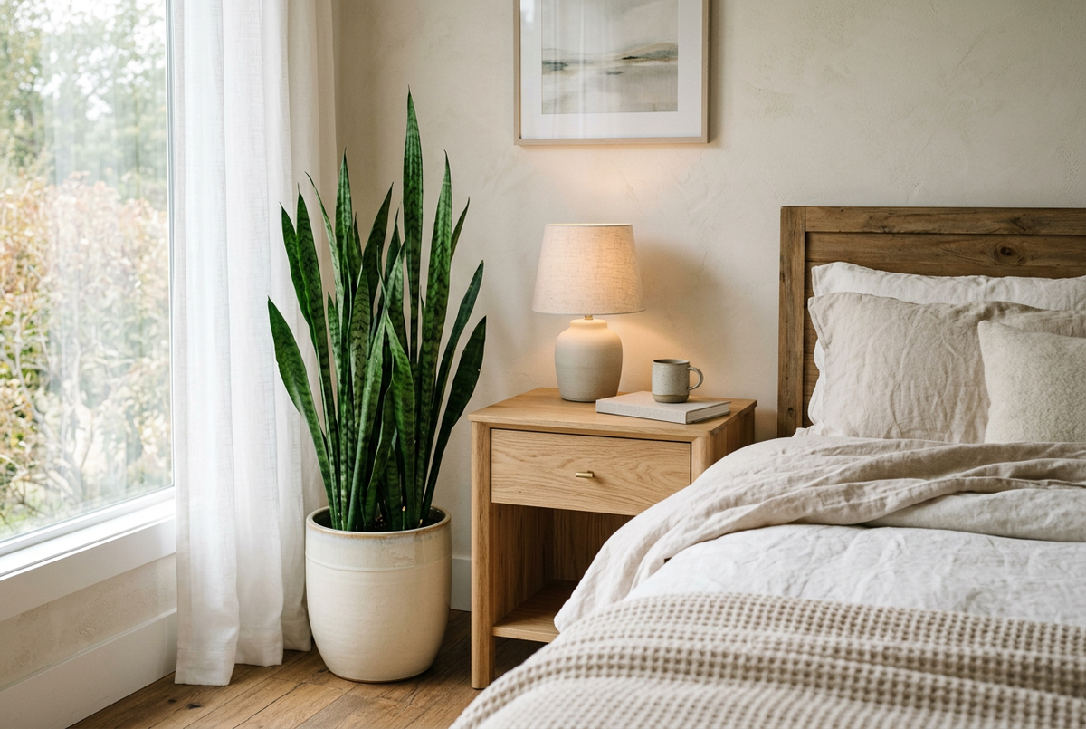 Snake plant in a ceramic planter next to a bedroom nightstand