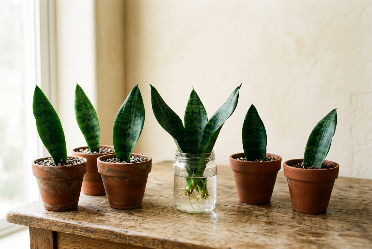 Snake plant leaf cuttings rooting in pots and a glass jar