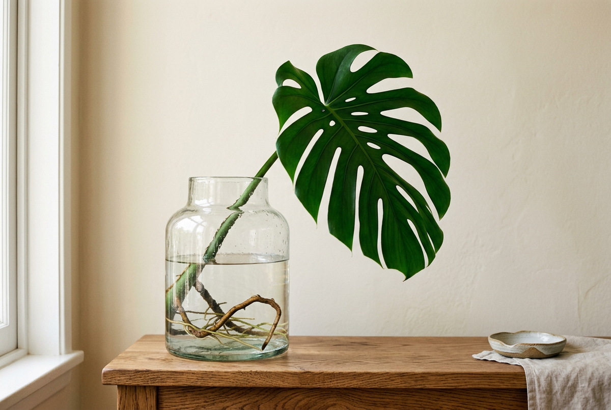 Monstera cutting with an aerial root rooting in a glass vase