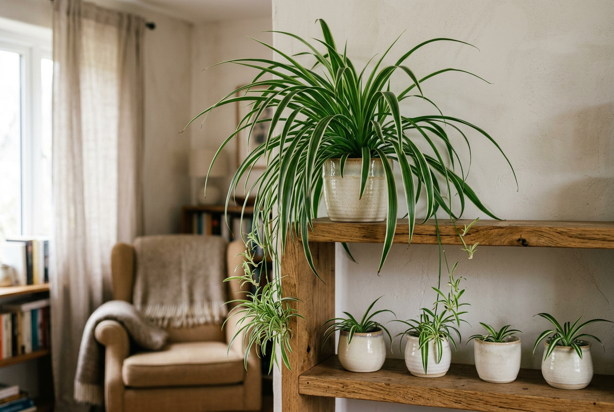 Spider plant babies dangling above small pots on a shelf