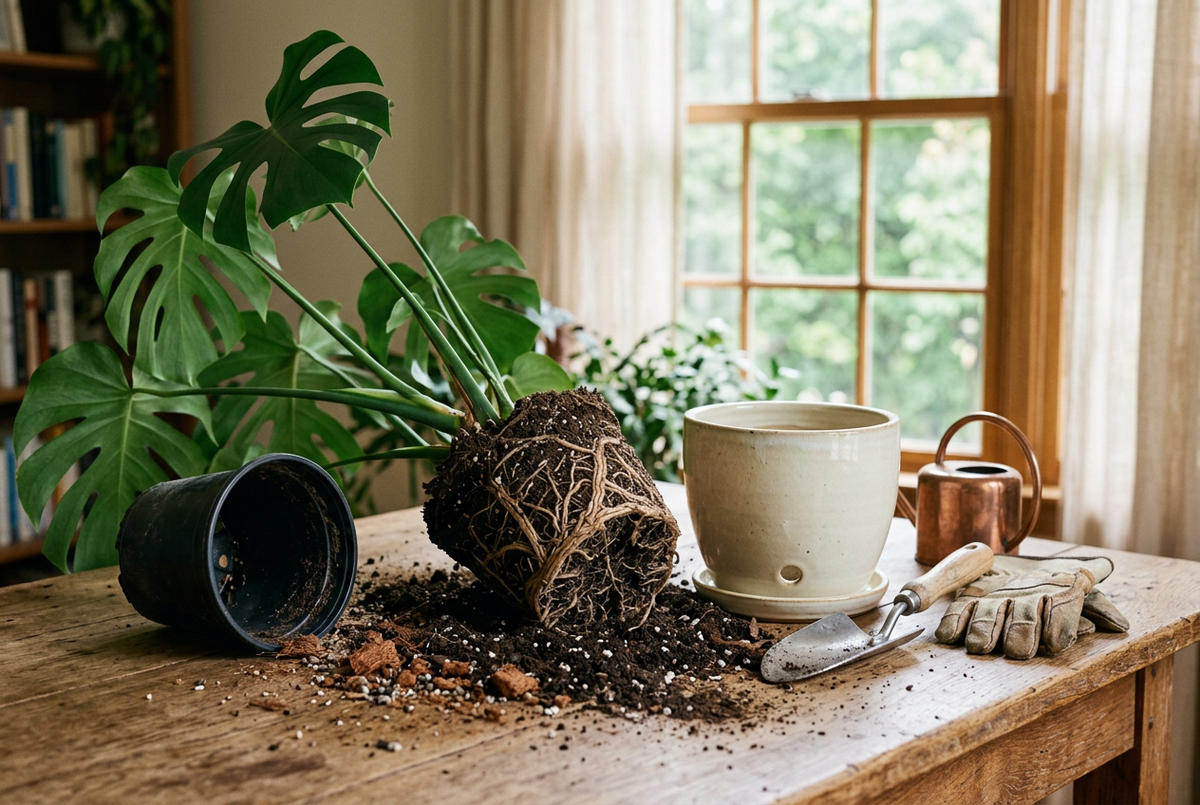 Houseplant being repotted on an oak table next to a new cream planter and fresh potting mix