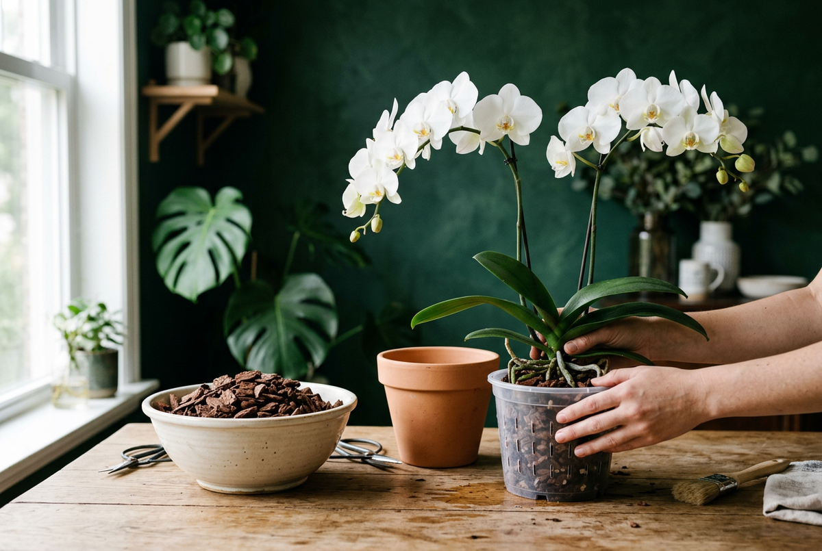 Moth orchid being repotted with fresh bark beside a slotted orchid pot on an oak table
