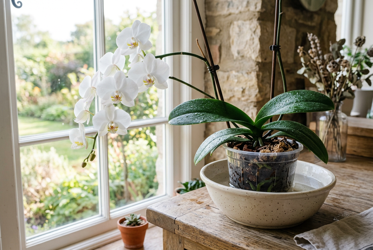 Moth orchid in a clear pot soaking in a cream basin of water on an oak counter