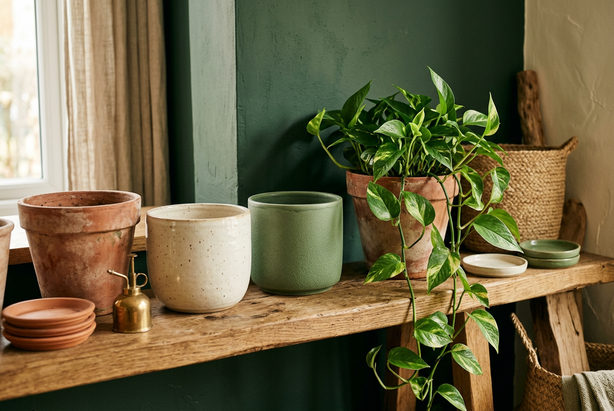 Terracotta, glazed ceramic, and matte planters arranged on an oak shelf with a trailing pothos