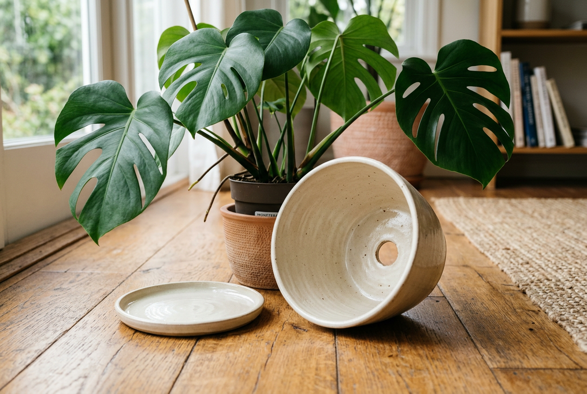 Cream planter showing its drainage hole next to a saucer and a monstera in a nursery pot