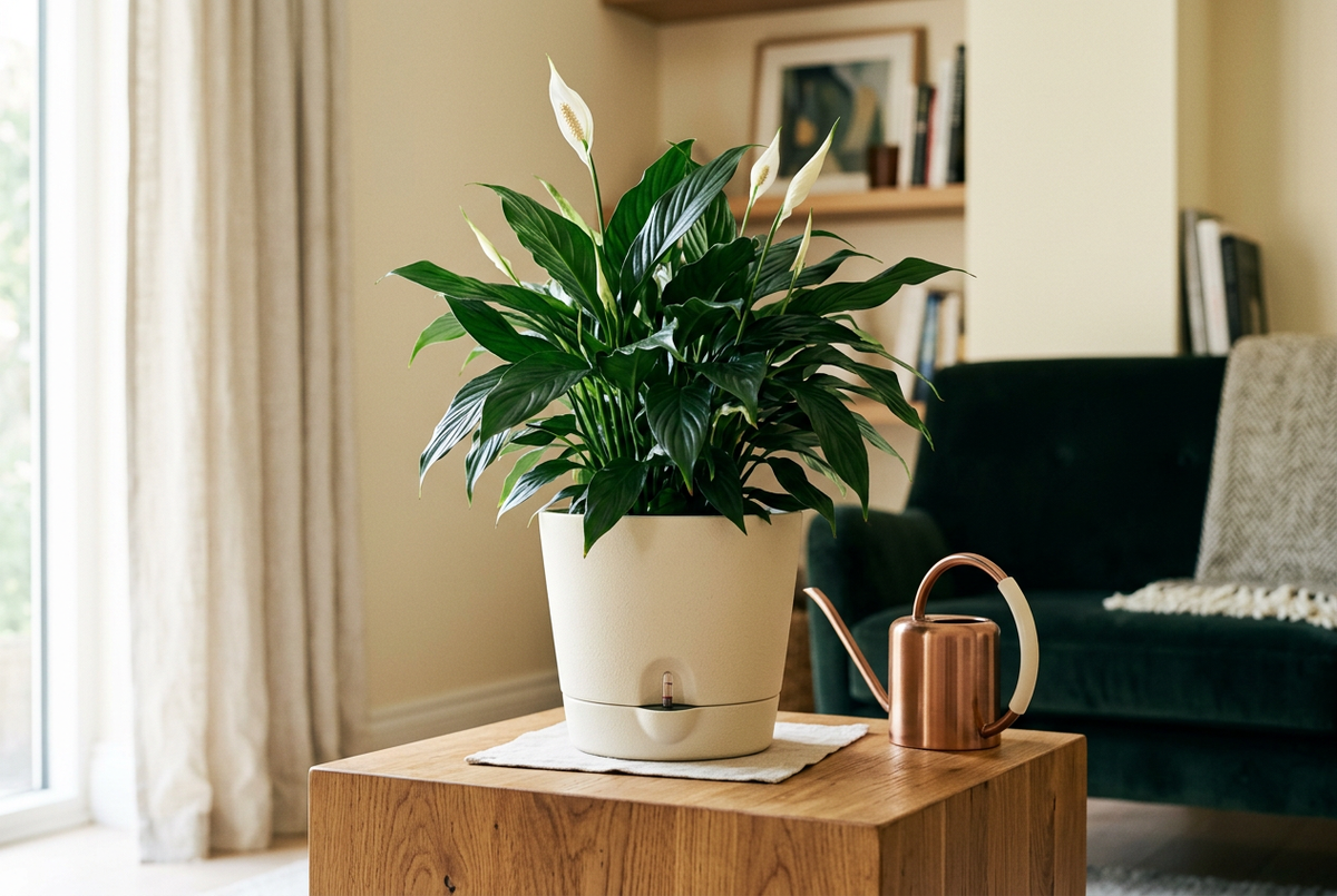 Peace lily growing in a cream self-watering planter with a water-level indicator on an oak side table