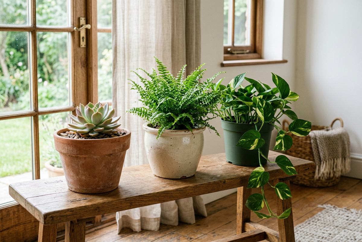 Terracotta, glazed ceramic, and plastic pots side by side on an oak bench with different houseplants