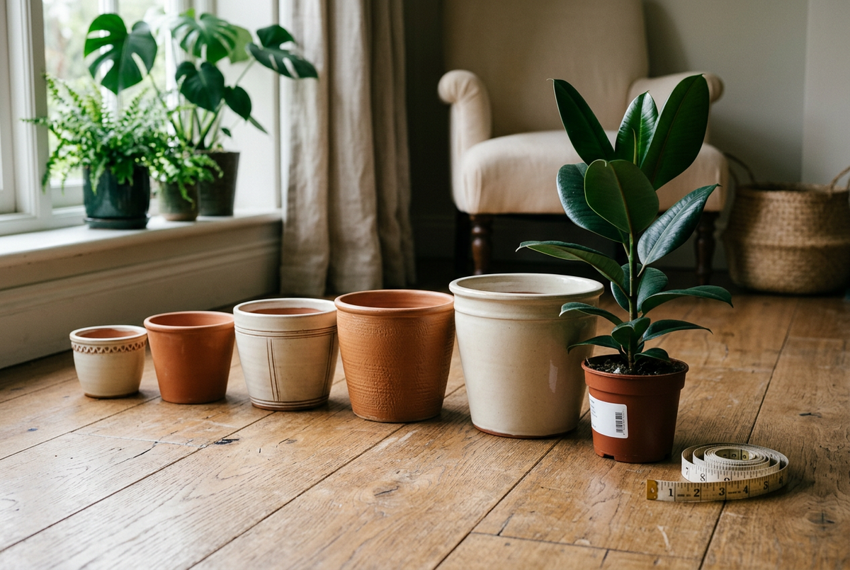 Graduated planters in several sizes on an oak floor beside a young rubber plant and a measuring tape