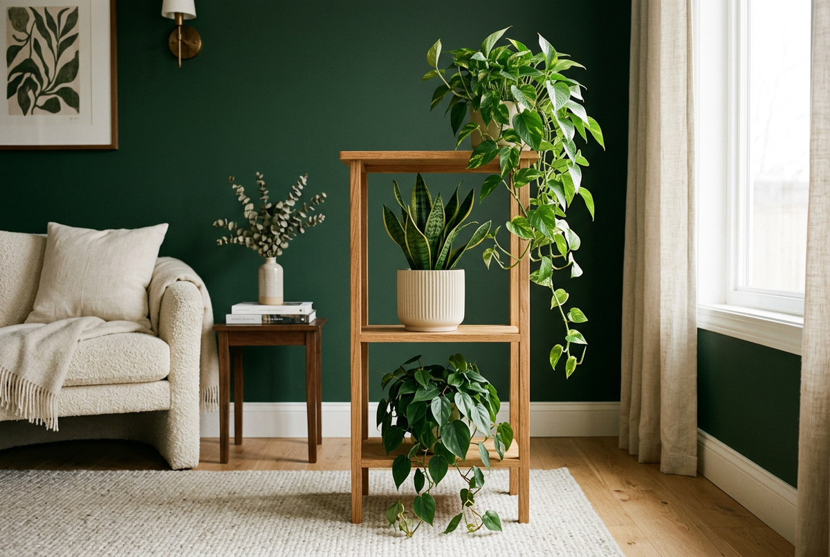 Three-tier oak plant stand with pothos, snake plant, and philodendron in a sunlit living room corner
