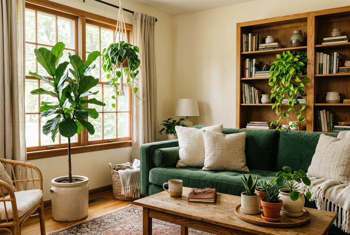 Living room styled with a fiddle leaf fig, trailing pothos on an oak shelf, and grouped plants on a coffee table