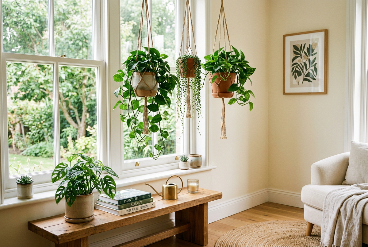 Trailing houseplants in hanging planters at different heights in front of a sunny window