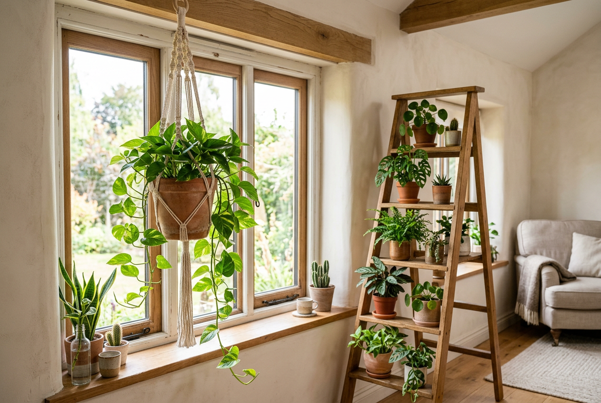 Cream macrame plant hanger holding a trailing pothos in a terracotta pot by a window