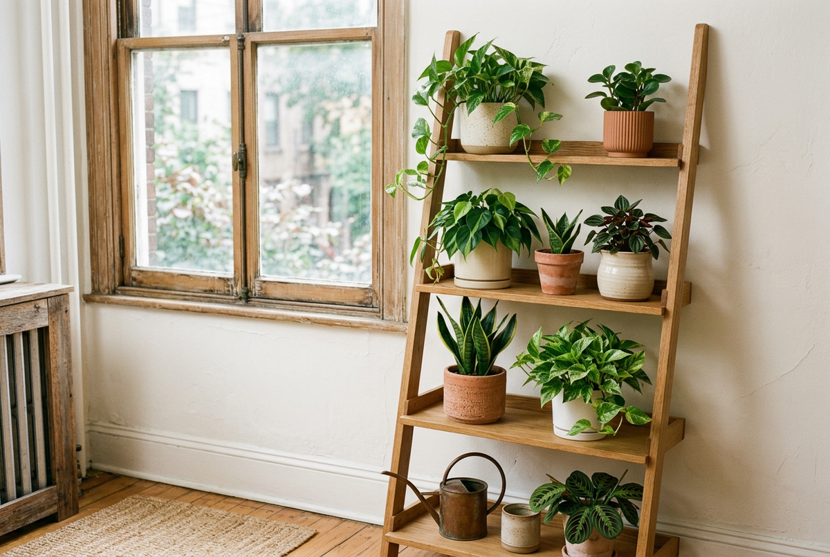 Oak ladder shelf filled with potted houseplants beside an apartment window