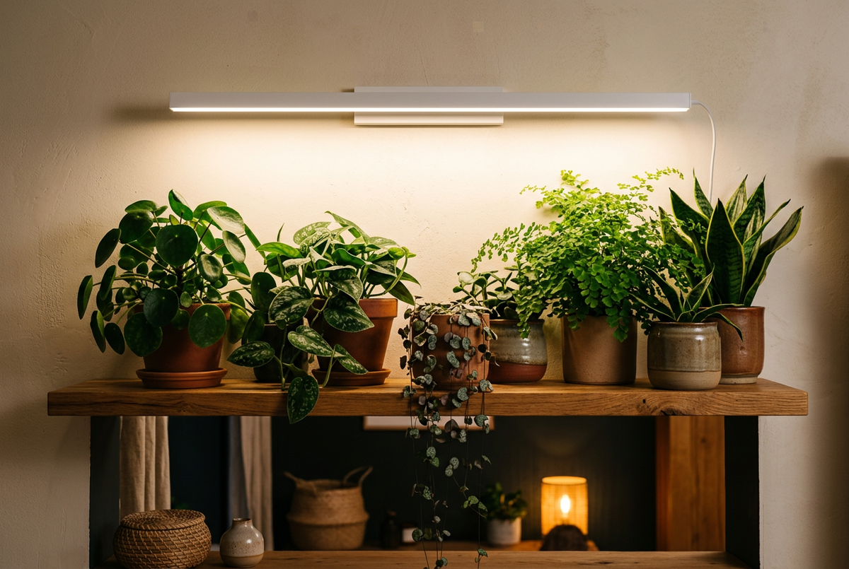 White full spectrum LED grow light shining on potted houseplants on an oak shelf
