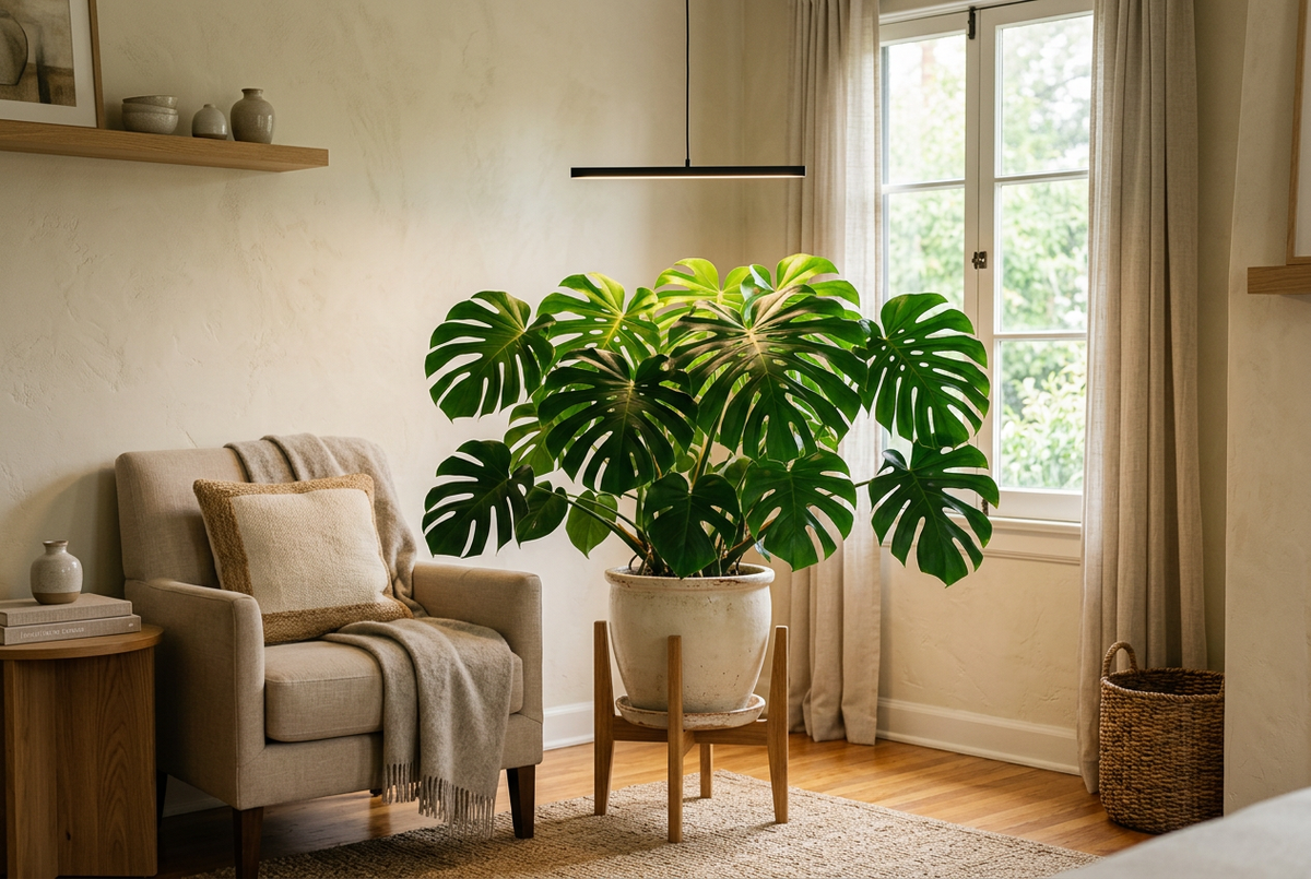 Large monstera in a cream planter under a pendant grow light in a living room