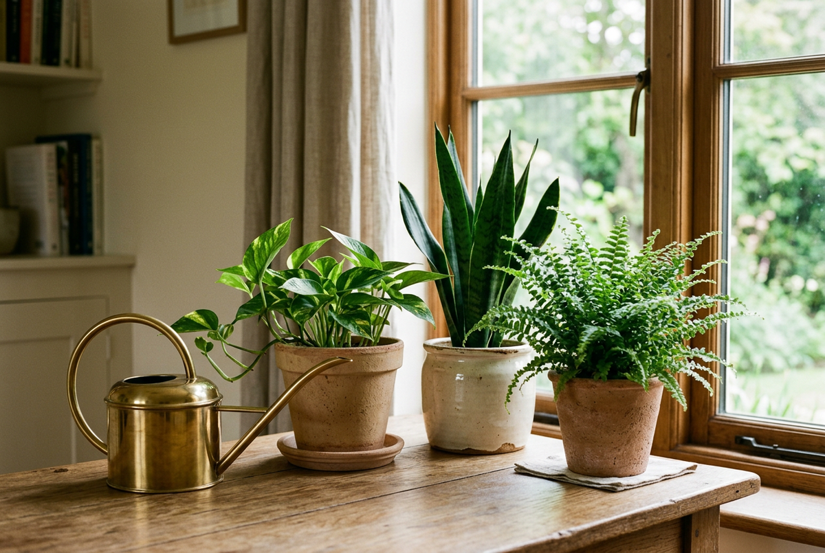 Watering can beside several potted houseplants on an oak table near a window