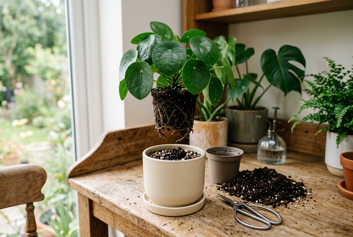 Houseplant removed from its pot on a potting bench with snips and fresh soil for repotting
