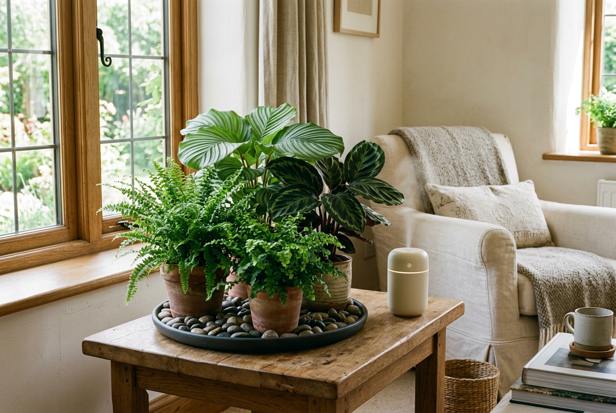 Ferns and calatheas grouped on a pebble tray beside a small humidifier