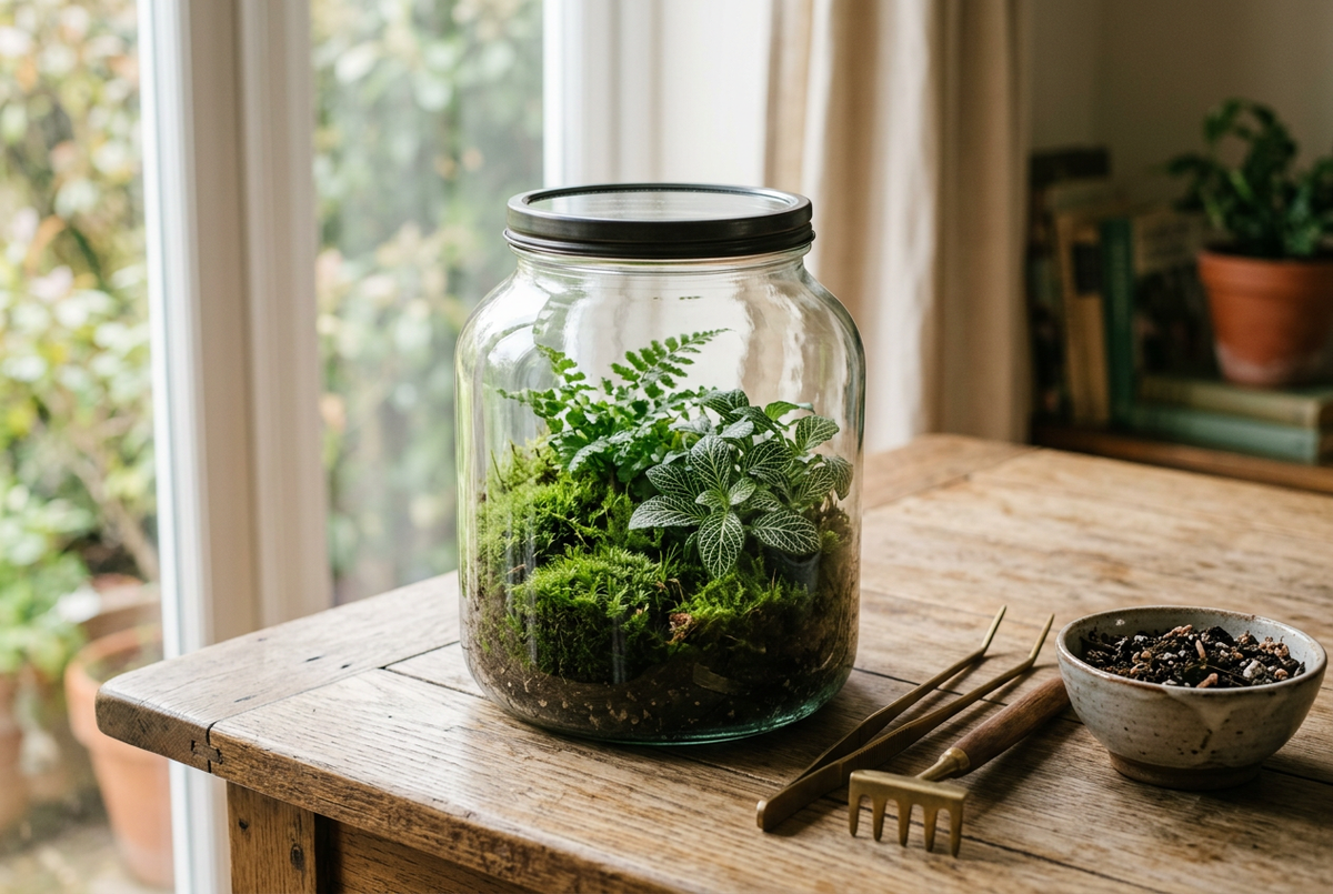 Closed glass terrarium with moss, fern and nerve plant on an oak table with tools