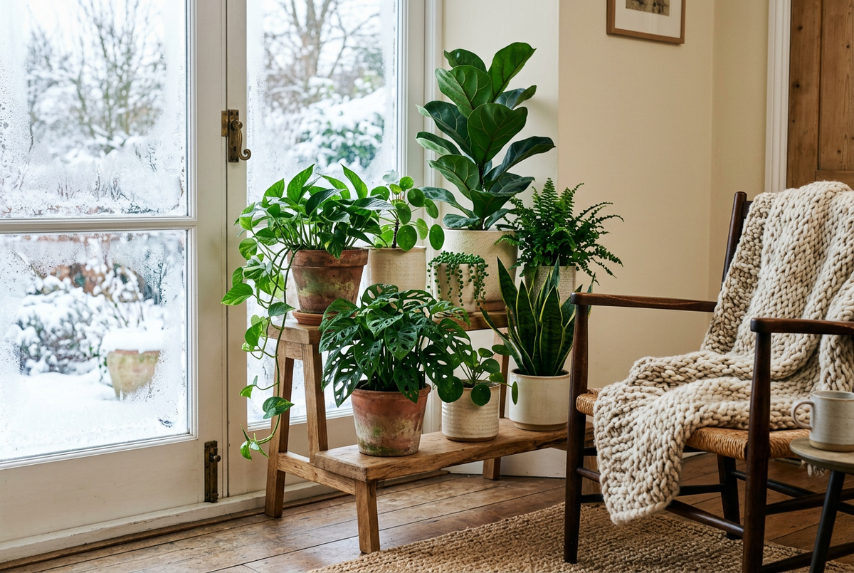 Houseplants grouped on an oak stand near a frosty winter window