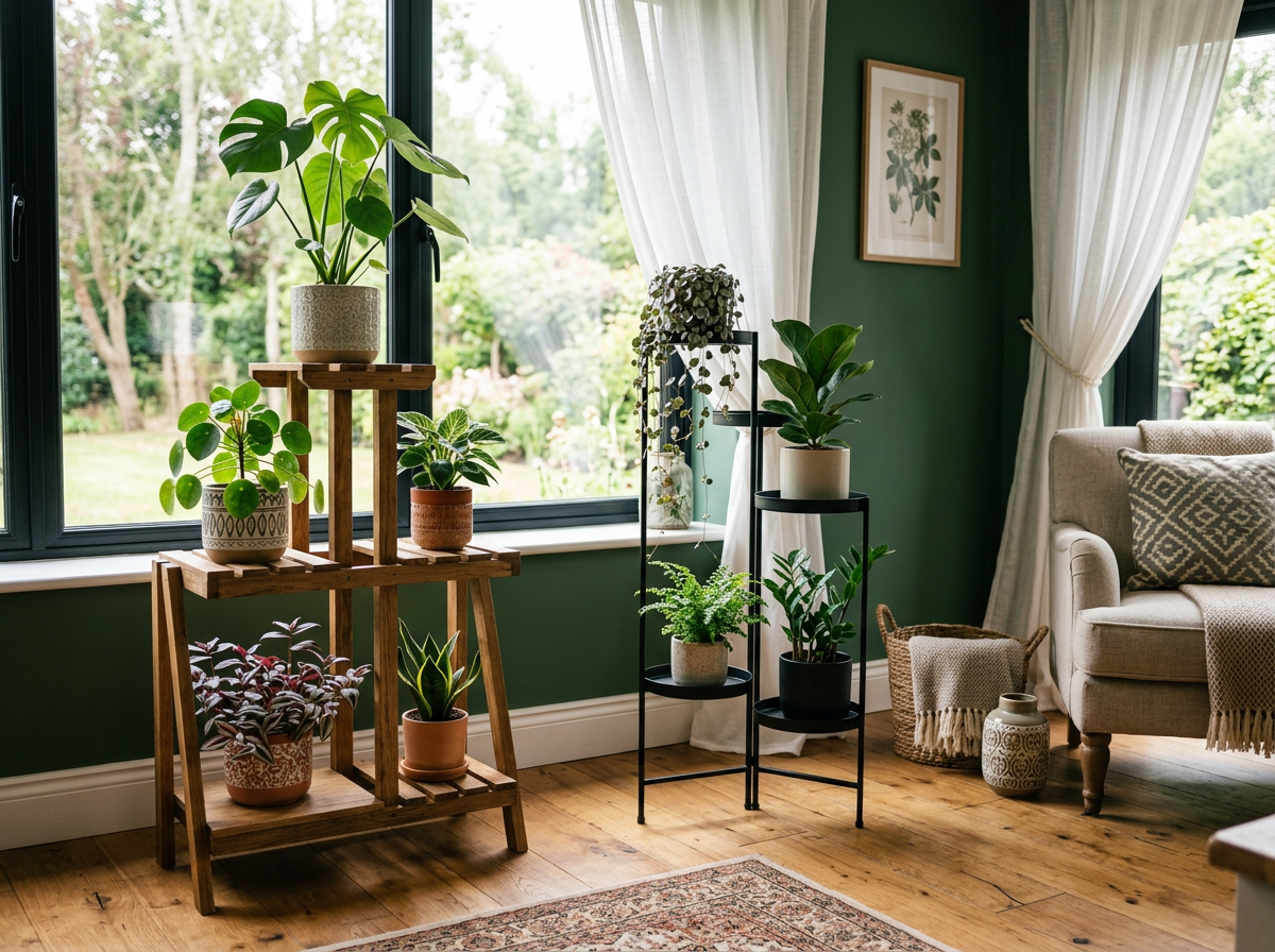 Wooden and metal indoor plant stands