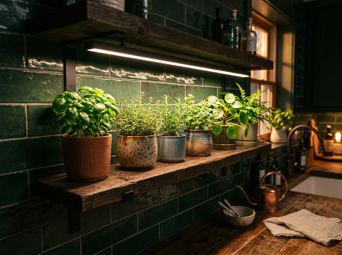 LED grow light above houseplants