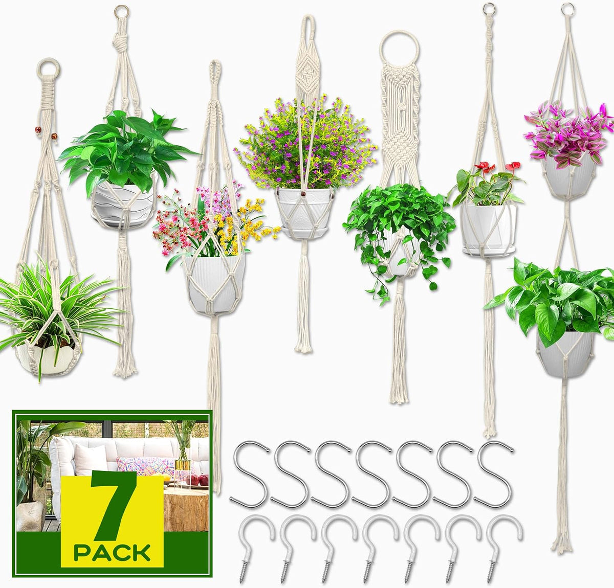 Macrame Plant Hangers 7 Pack with Hooks, Boho Style