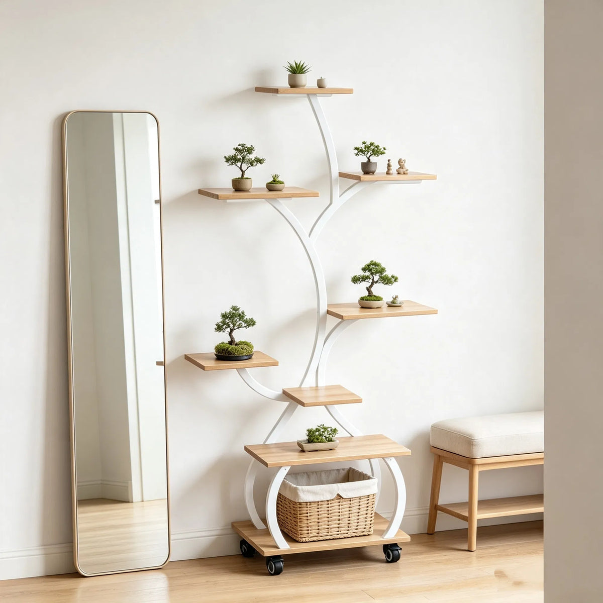 Tree Plant Stand with Grow Light, 8-Tier White and Oak