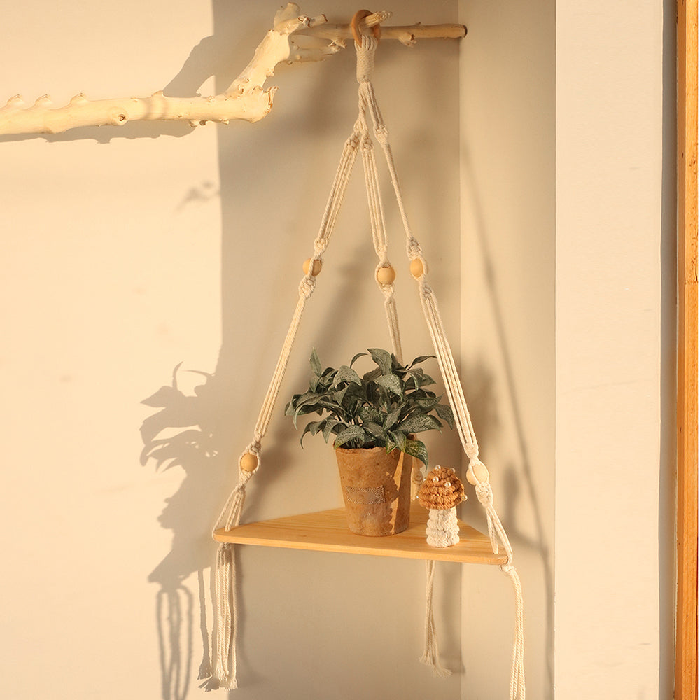 Macrame Wall Hanging Shelf, Boho Wood Plant Display