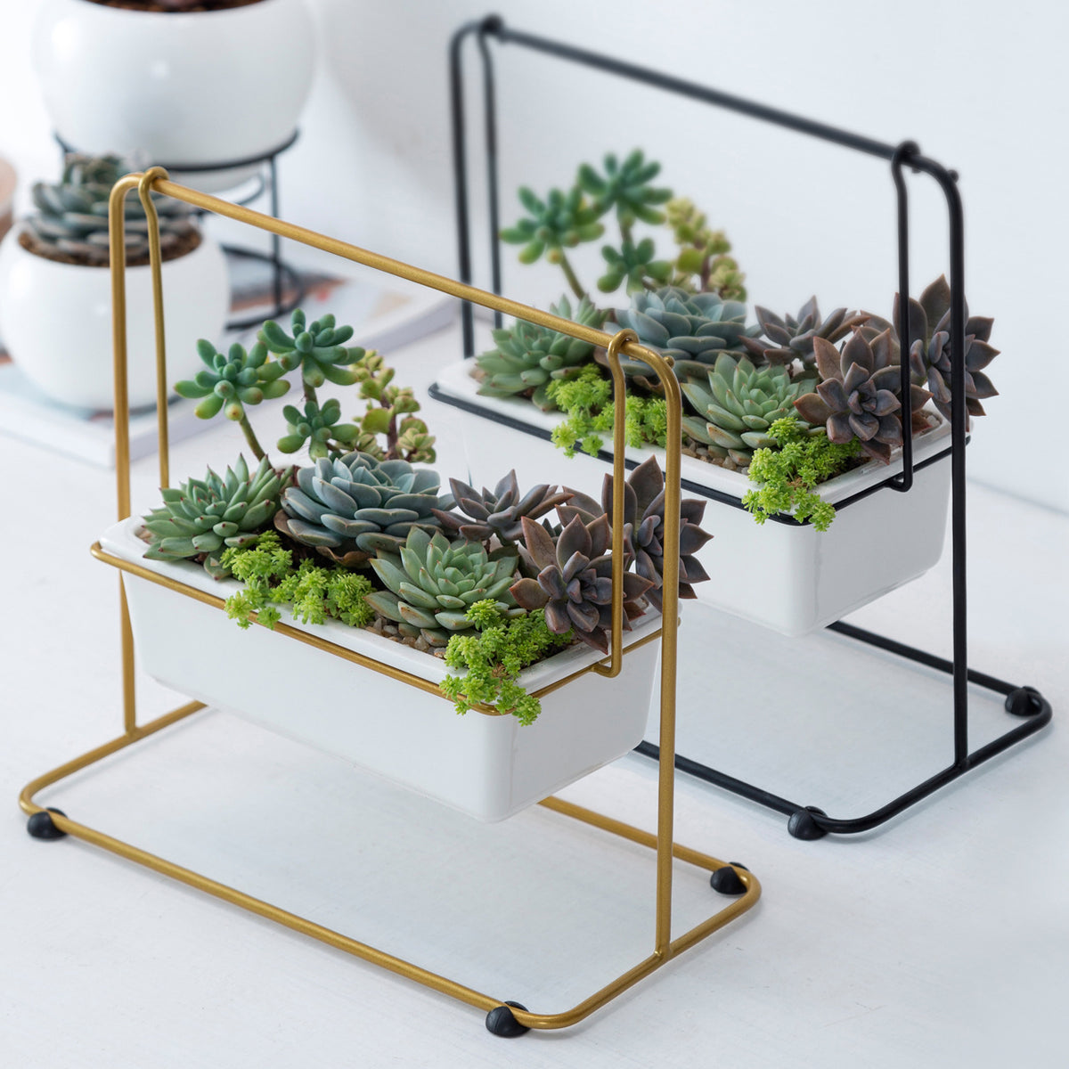 Geometric Swing Plant Stand with Ceramic Pots