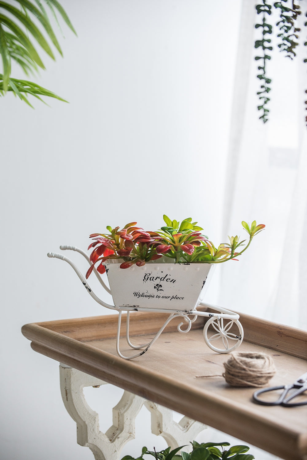 Wheelbarrow Planter, Distressed White Metal Tabletop Decor
