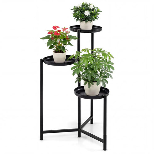 3-Tier Corner Plant Stand, Black Metal Staggered Shelf