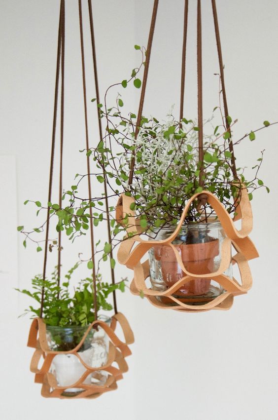 Leather Wall Planter Holder, Boho Rope Pot Hanger
