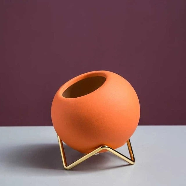 Ceramic Planter with Gold Stand, 4.1" Glazed Pot