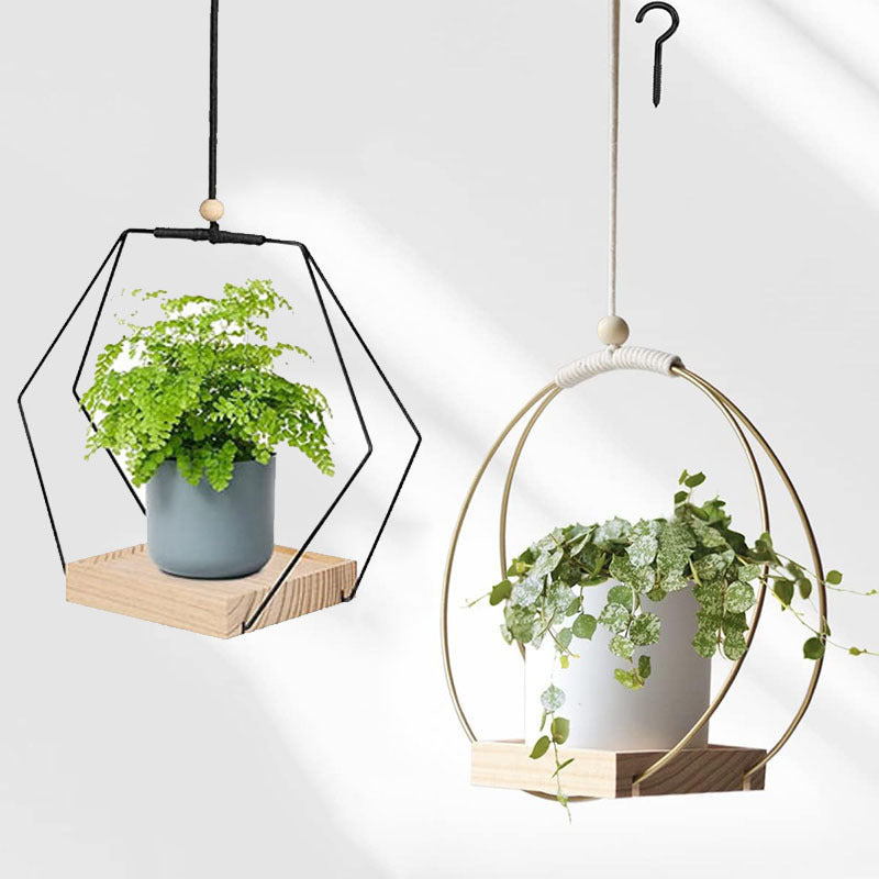 Geometric Hanging Planter, Metal Frame with Wood Base