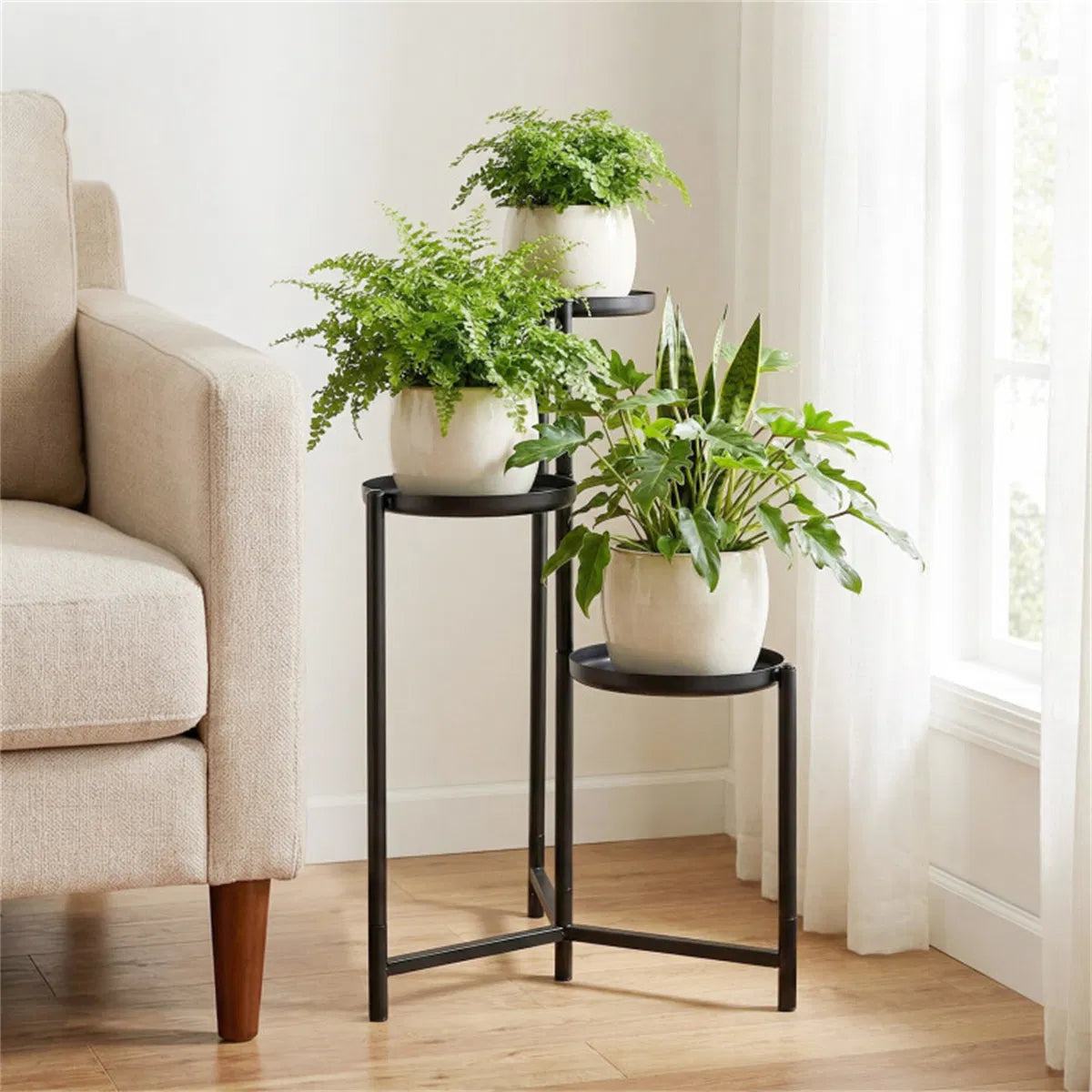 3-Tier Corner Plant Stand, Black Metal Staggered Shelf