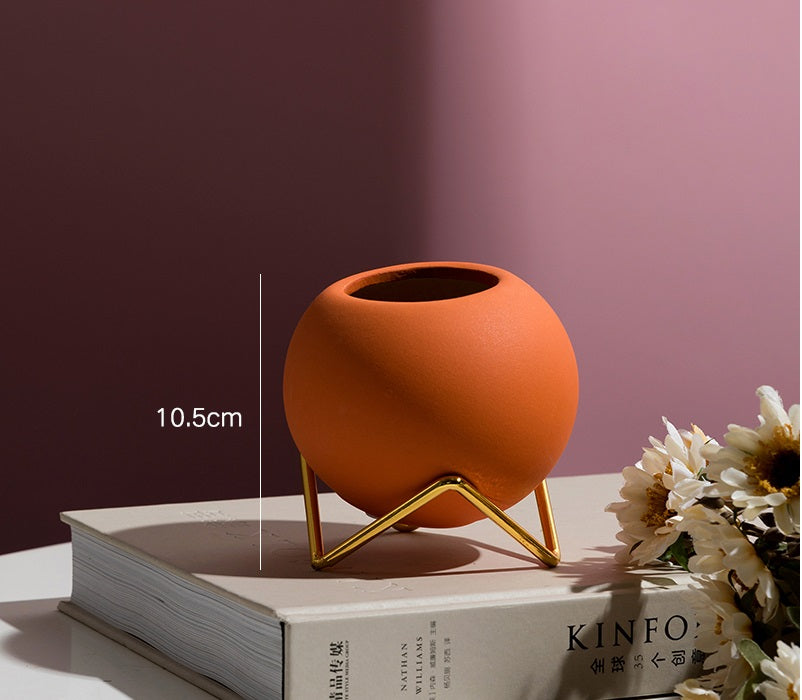 Ceramic Planter with Gold Stand, 4.1" Glazed Pot