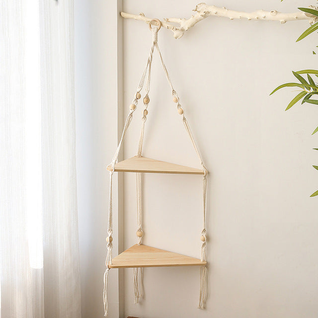 Macrame Wall Hanging Shelf, Boho Wood Plant Display
