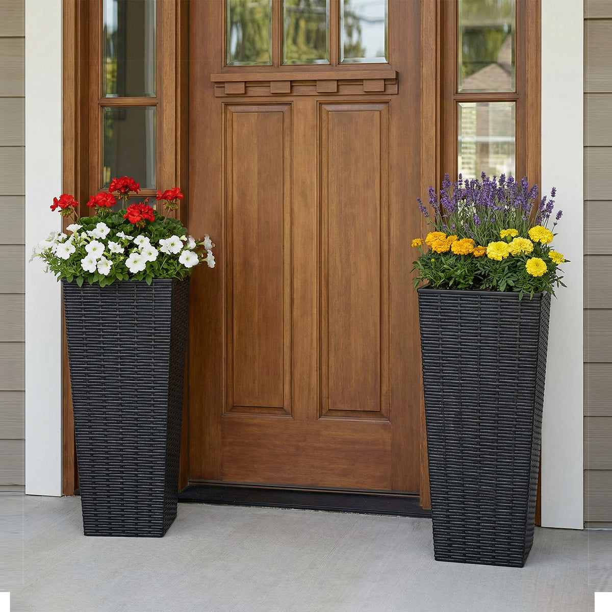 Tall Planters Set of 2, Black Rattan Look Resin Pots