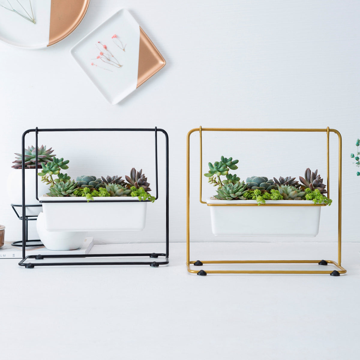 Geometric Swing Plant Stand with Ceramic Pots