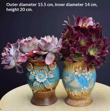 Stoneware Floral Relief Planter, Retro Rough-Fired Pot