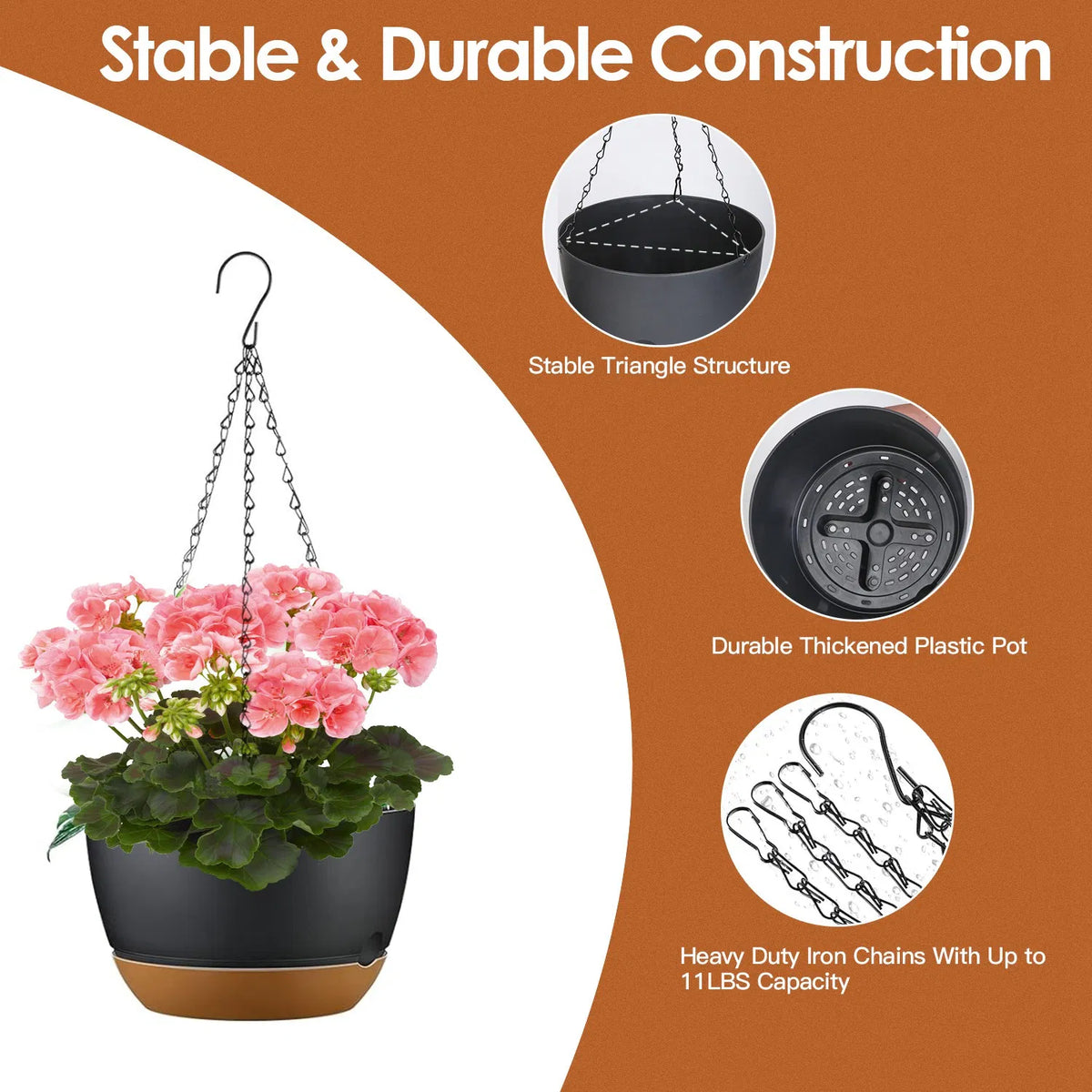 Hanging Planters 4 Pack, 9.6" Gray with Drainage Tray